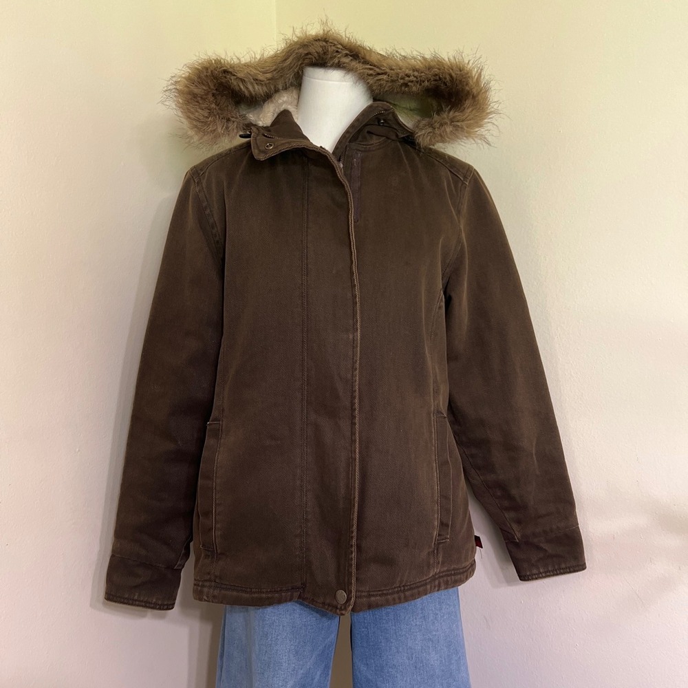 Woolrich Womens Brown Canvas Faux Fur Hooded Parka Jacket 15046 Small